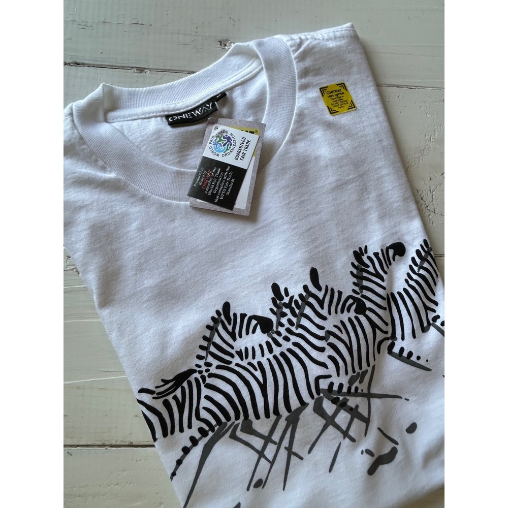 One Way Kenya Fair Trade Zebra Graphic T-Shirt White Cotton Mens Size M NEW